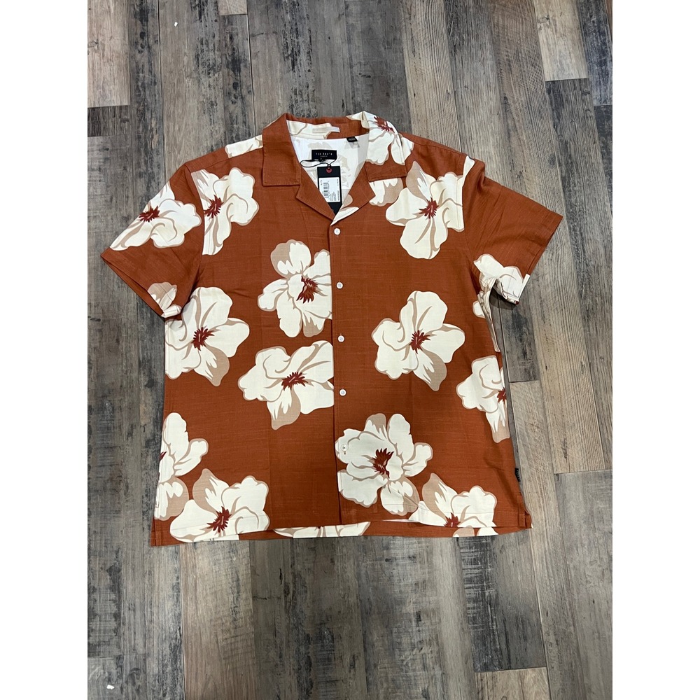 Ted Baker London Mocha Bisque Floral Short Sleeve Camp Collar Shirt Boho NWT XL